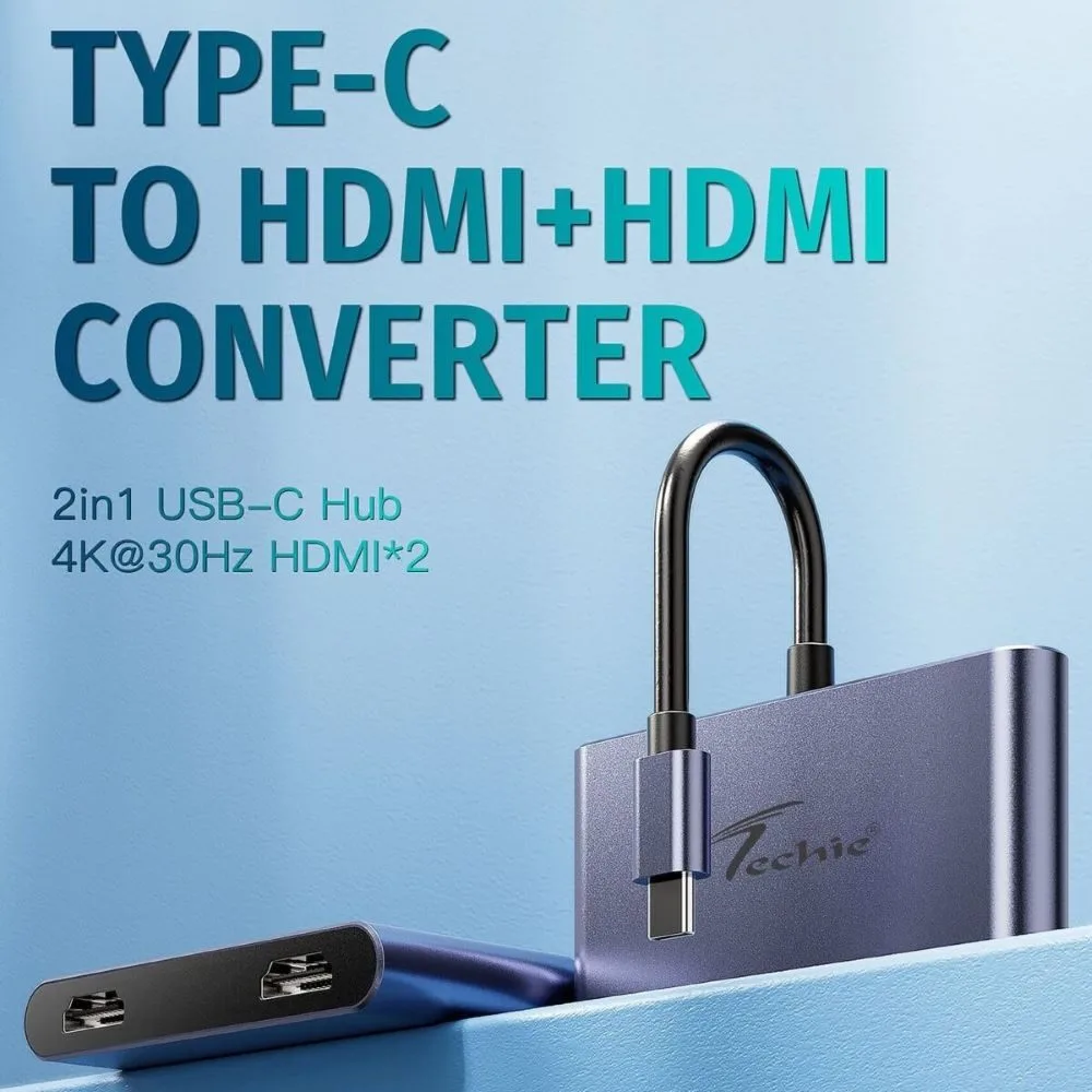 Techie Type-C to Dual HDMI Converter | 4K@30Hz Dual Monitor Adapter, Extended & Mirror Display 2 Techie Type-C to Dual HDMI Converter | 4K@30Hz Dual Monitor Adapter, Extended & Mirror Display - Image 2