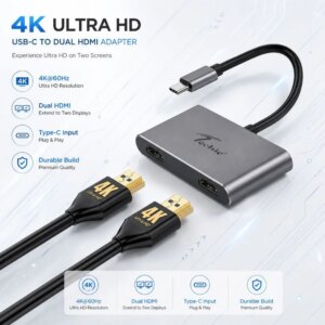 Techie Type-C to Dual HDMI Converter | 4K@30Hz Dual Monitor Adapter, Extended & Mirror Display