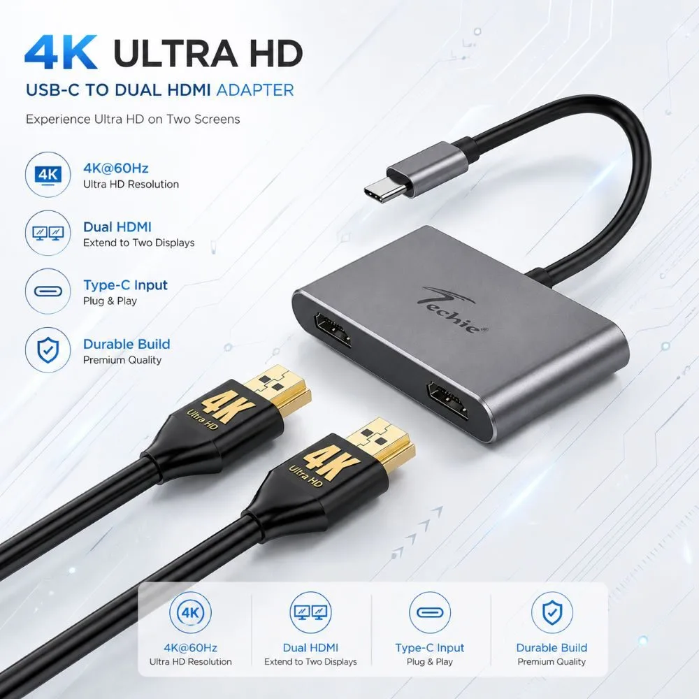 Techie Type-C to Dual HDMI Converter | 4K@30Hz Dual Monitor Adapter, Extended & Mirror Display 1 Techie Type-C to Dual HDMI Converter | 4K@30Hz Dual Monitor Adapter, Extended & Mirror Display