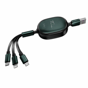 USB RETRACTABLE CABLE 3 in 1 Current output: 2.2amp | Length 1.2m Output: Type-C, Lightening, Micro USB Colors: Black, Gold, Purple